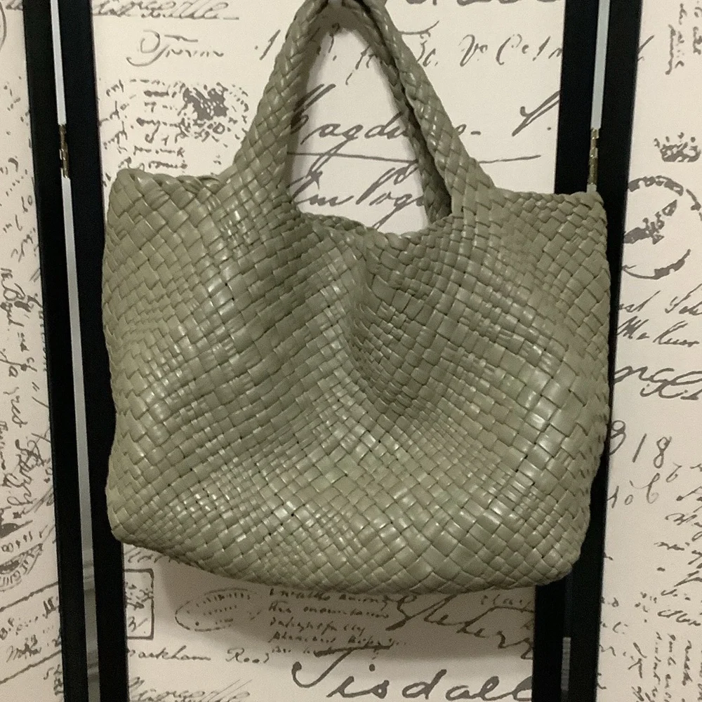 Woven Leather Tote Bag in Sage Green - Picture 1 of 4